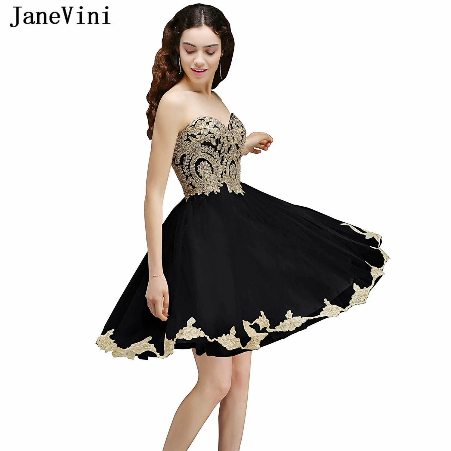 JaneVini de Fiesta Cortos Vintage negros, línea A, 2019, Aplique encaje dorado con cuentas de tul, minivestidos de graduación talla grande|Vestidos de graduación| - AliExpress