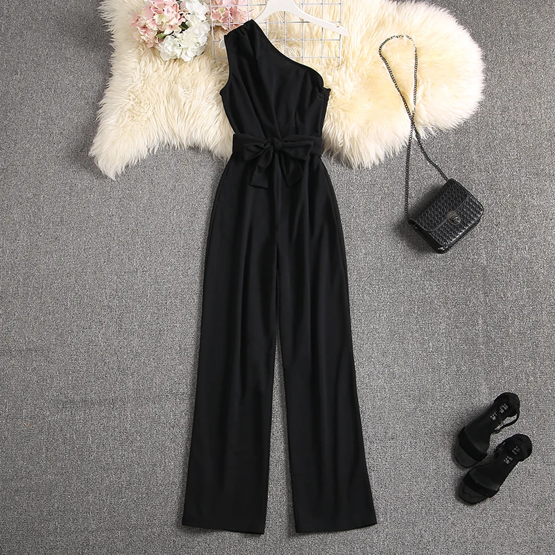 ALPHALMODA Oblique Shoulder Outfit Sashes Solid Color Slim Fit Ladies Elegant Party Jumpsuit Summer Fashion Rompers ALPHALMODA Oblique Shoulder Outfit Sashes Solid Color Slim Fit Ladies Elegant Party Jumpsuit Summer Fashion Rompers
