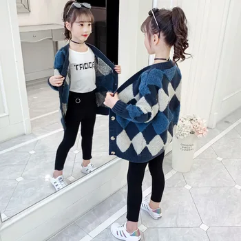 

Fashion Knitted Cardigans for Kids Girls Autumn V-neck Geometric Sweaters Teenage Loose Knit Coats Children Spring Clothes 4-14Y