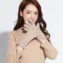 Вязаные перчатки женские осенние и зимние уличные двухслойные толстые ветрозащитные плюс бархатные теплые перчатки для сенсорного экрана хлопковые перчатки