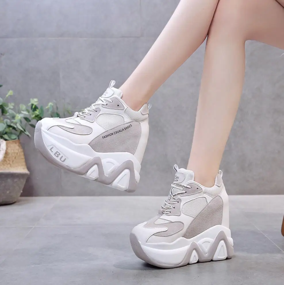 Women White High Ankle Top Wedge Heels Stitched Design Lace Up Sneaker