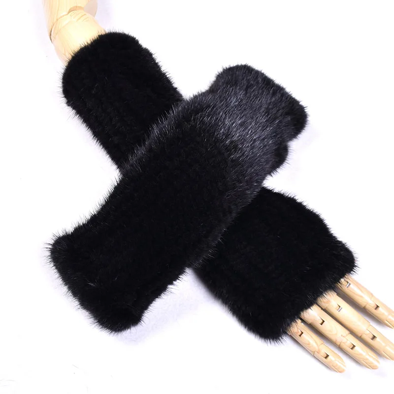 Women's Genuine Mink Fur Long Hepburn Style Gloves, Arm Warmers, Hand Knitted, High Elastic, Half Finger, Sleeve, Autumn, Winter