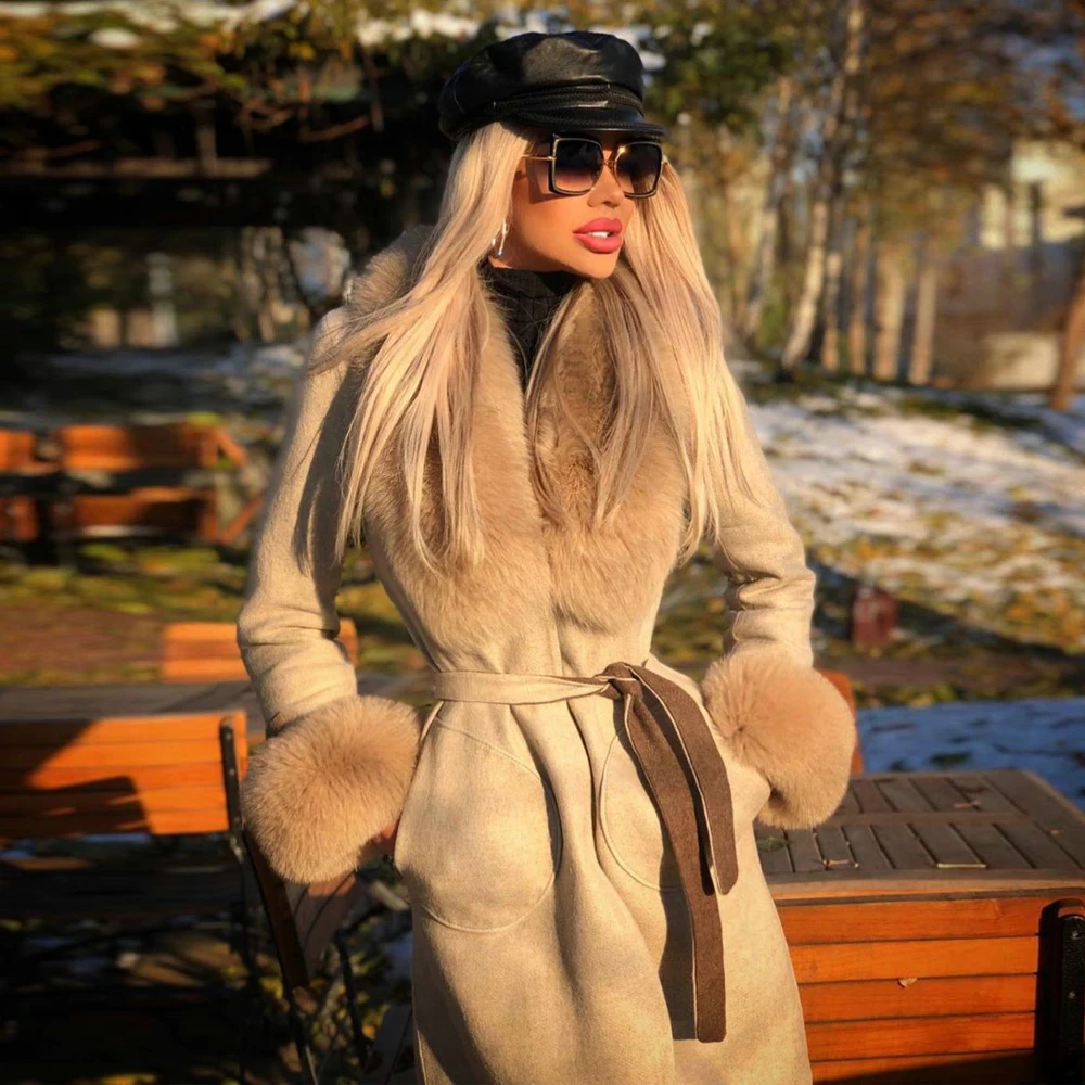 Women Solid Wool Blends Coat with Natural Fox Fur Collar and Sleeve Cuffs Female Casual Winter Real Fox Fur Cashmere Coats 2022