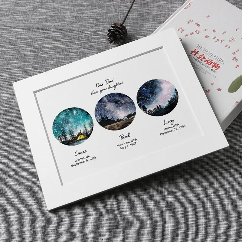 3 Location Night Sky map by date watercolor-painting print custom constellation digital download framed anniversary gifts | Дом и сад