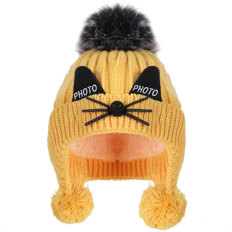 

Children's Ear Protector Autumn Winter Beanie Kids Cute Cat Knitted Wool Cap Thicked for Boys and Girls Hat