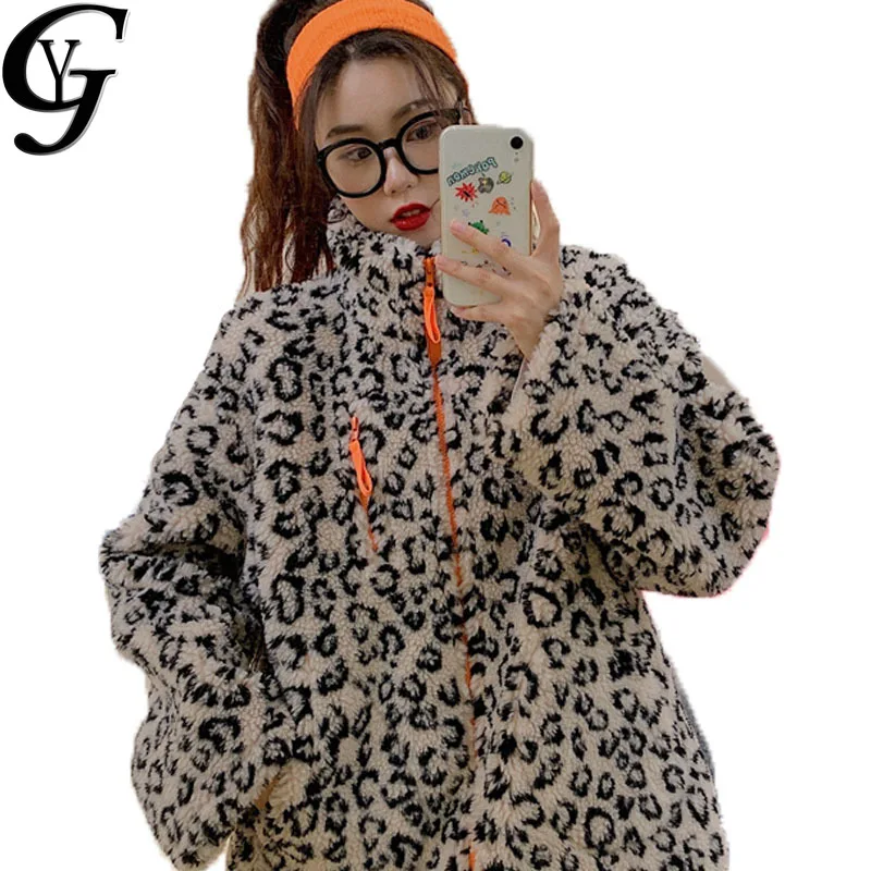

Ulzzang Leopard Jackets and Coats Women Winter Turtleneck Thick Warm Outwear Oversized Lamb Fur Sheepskin Coat Cazadora Mujer