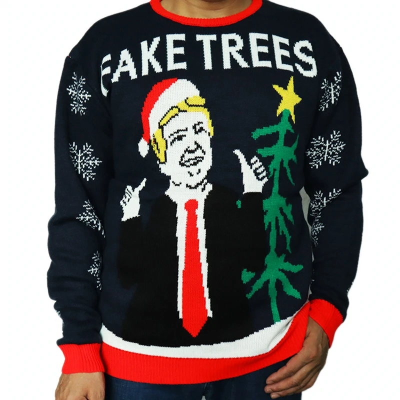 Уродливый мужской свитер Дональд Трамп черный Рождественский Зима 2019 Свободный