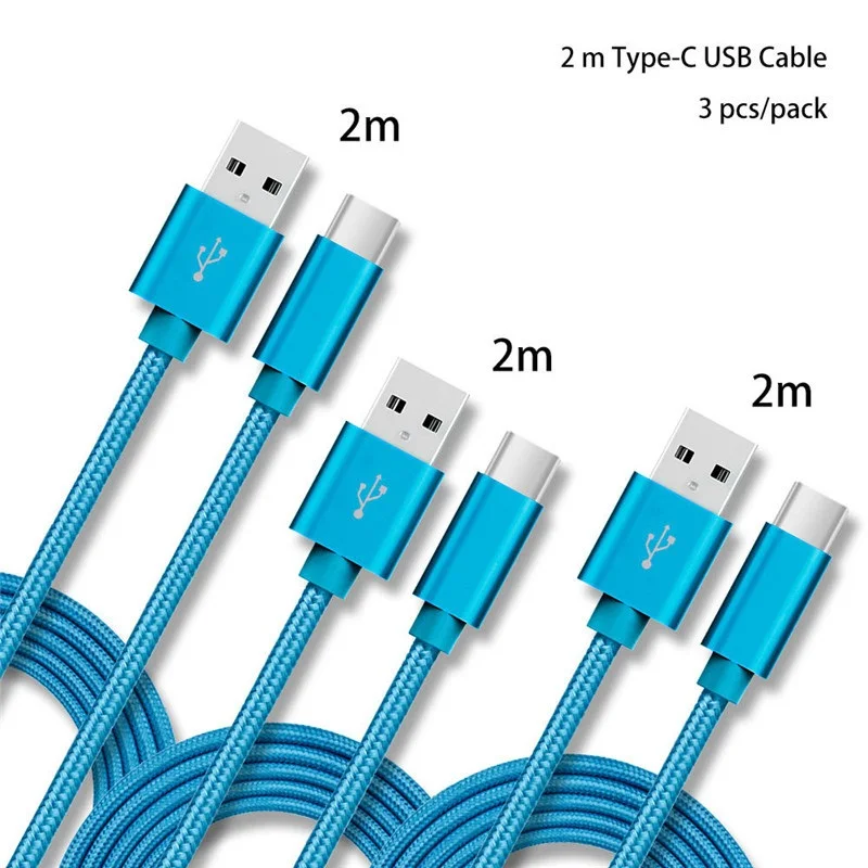 Blue cable 3PCS 2 м 3 шт./упак. Тип C до USB 2,0 USB кабель с нейлоновой оплеткой зарядный кабель для huawei P30 mate 20 xiaomi samsung Примечание 10 S10 OPPO R17 vivo onePlus 7, 6 комплектов/партия, футболка - Тип штекера: Blue cable 3PCS