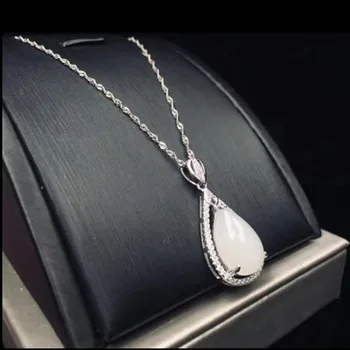 

Real 925 Silver White HeTian Jade Water Drop Lucky Pendant + Chain Necklace For Women Fine Jewelry