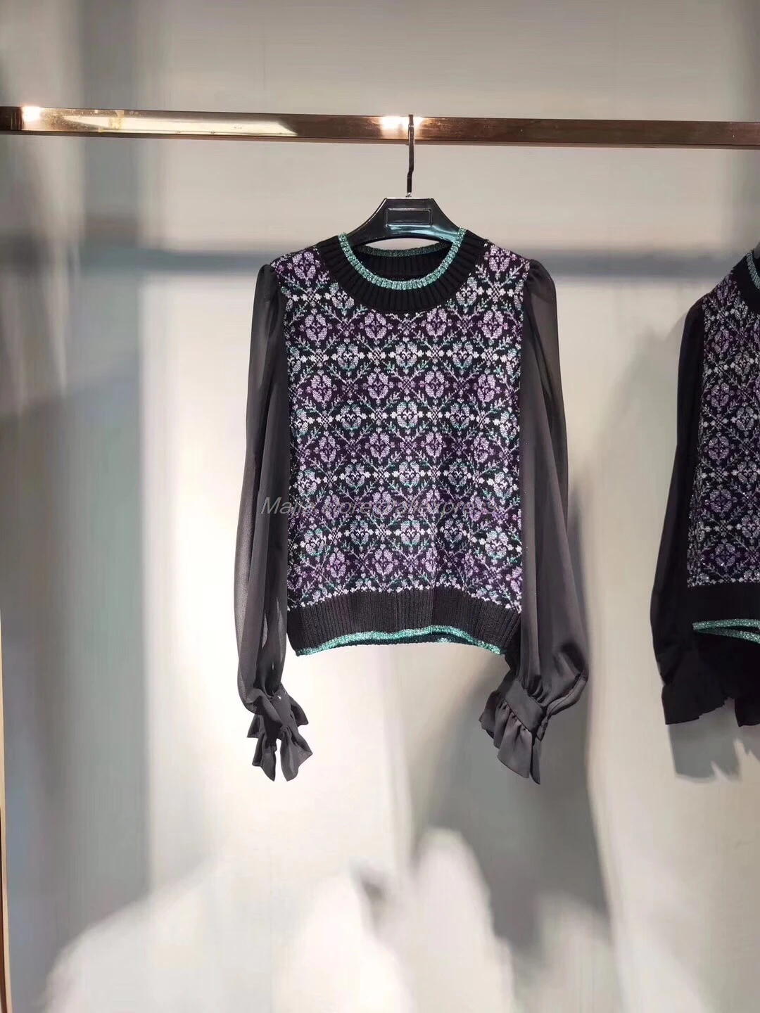 new winter hit color stitching round neck puff sleeve women jacquard sweater