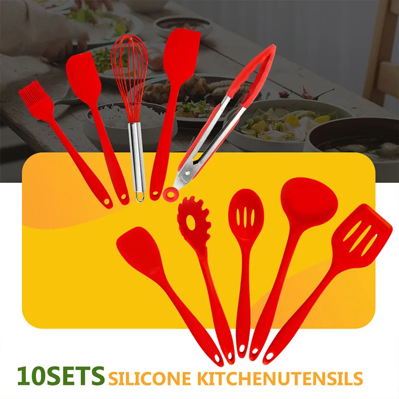 

Gadget 10 Piece Set Stainless Steel Red Black Silicone Cookware Kitchen Kitchenware High Temperature Resistance Non-Stick Pan