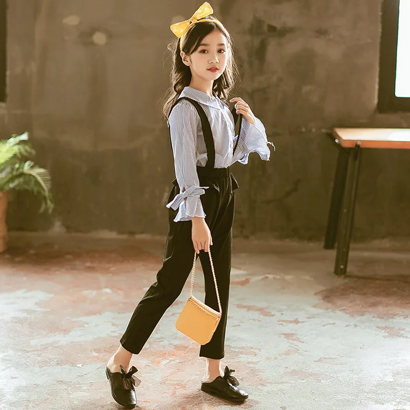 

Girls Spring And Autumn Set 2019 New Style Korean-style Western Style Big Boy Long-sleeved Shirt Suspender Pants Fashionable Two