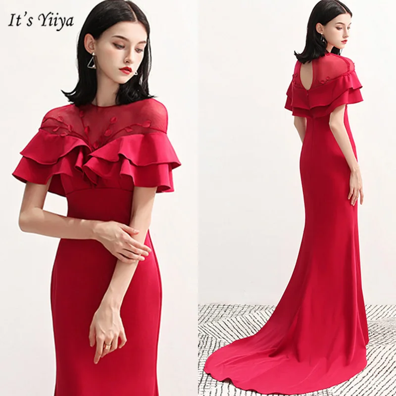 

It's Yiiya Evening Dress Cut-out Short Sleeve Robe De Soiree O-Neck Burgundy Mermaid Floor-Length Women Party Dresses V125