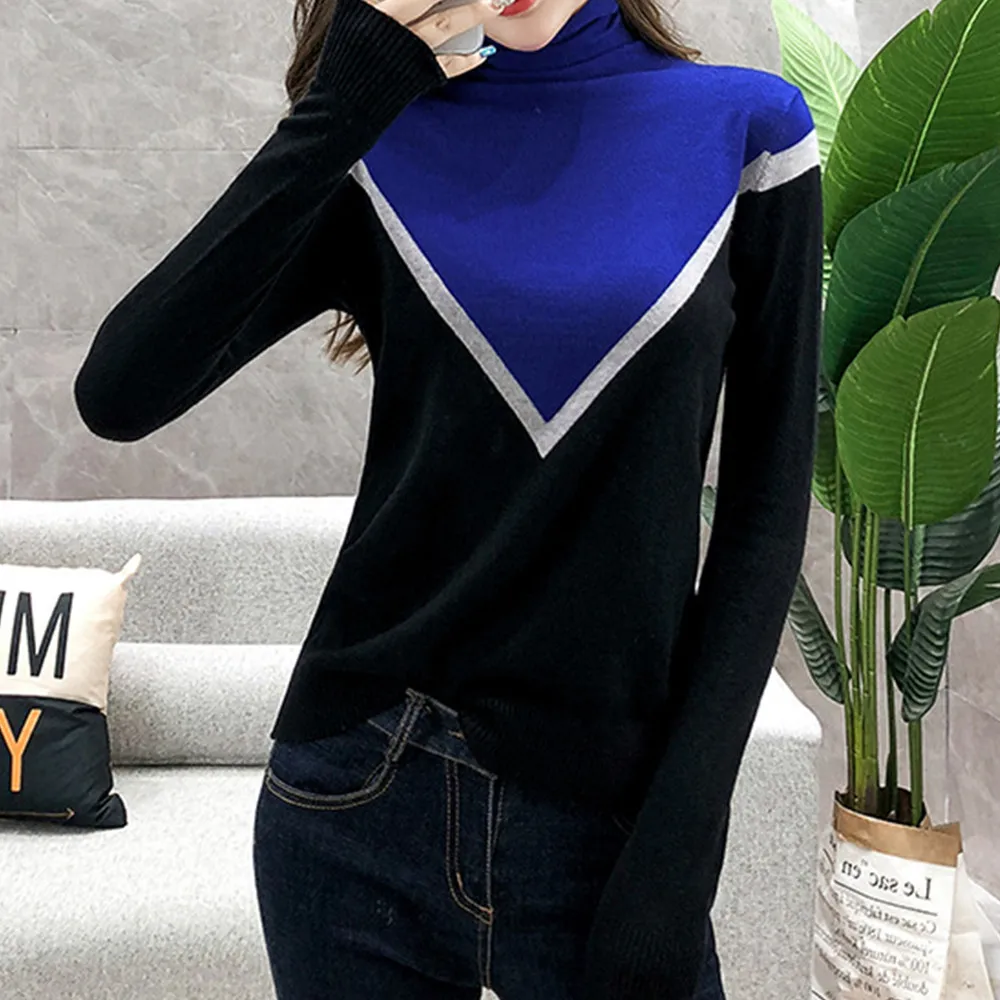 

grey green black turtleneck long sleeve pullovers tops warm thermal knitted sweaters jumpers for women color block sweater top