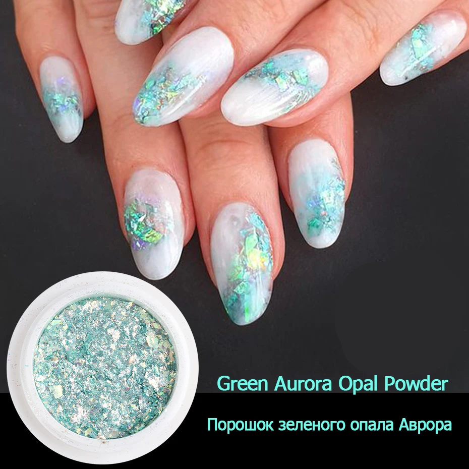 Nail Powder 1 Box Shiny Mermaid Opal Powder Nail Glitter Aurora Yuki Flakes Nail Design Manicure Mirror Neon Pigment Sequin Accessory LE1857