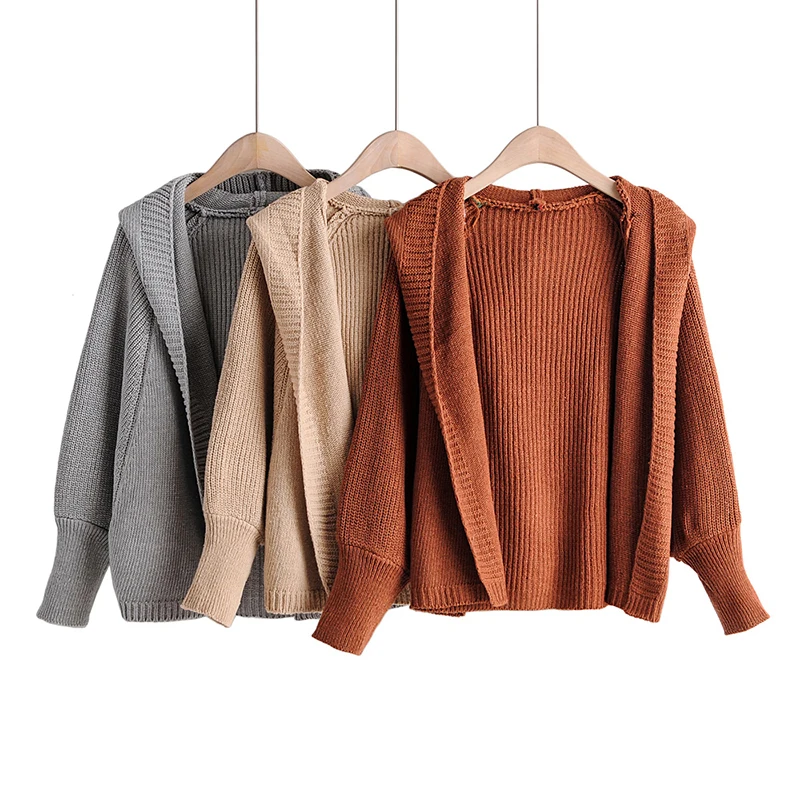 Women Autumn Winter Sweater Knitted Hooded Lantern Sleeve Cardigan Solid Casual Female Outwear Sweaters