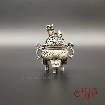 

Antique pure copper and silver (Kirin) three-legged two-ear carving small incense stove
