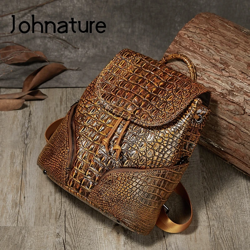 Women Backpack Johnature Shoulder-Bag Large-Capacity Genuine-Leather Alligator Retro