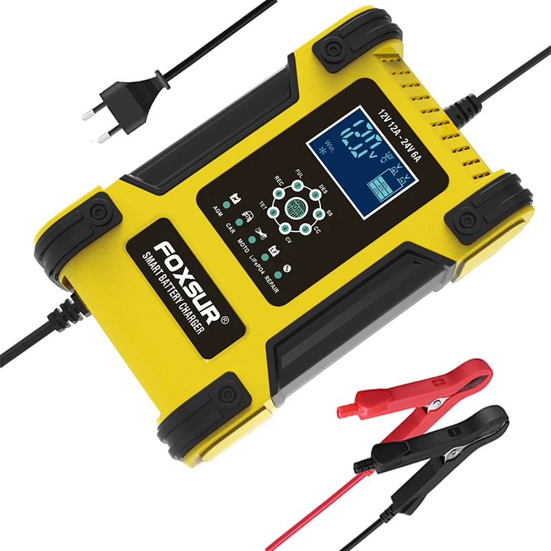 Foxsur 12V 12A Car Battery Charger 24V 6A Motorcycle Automatic Smart Pulse Repair for AGM GEL WET SLA Lead Acid. |