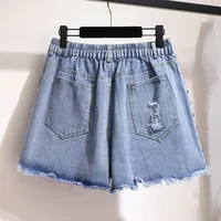 150Kg Plus Size Women's Summer Loose Denim Shorts Ripped Beaded Straight Wide Leg Pants Blue Hip 154cm 5XL 6XL 7XL 8XL 9XL - Image 3