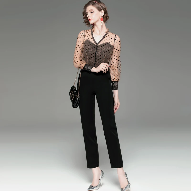 

Women's Runway Designer Jumpsuits Sexy V Neck Long Sleeves Polka Dots Patchwork Elegant Work Rompers