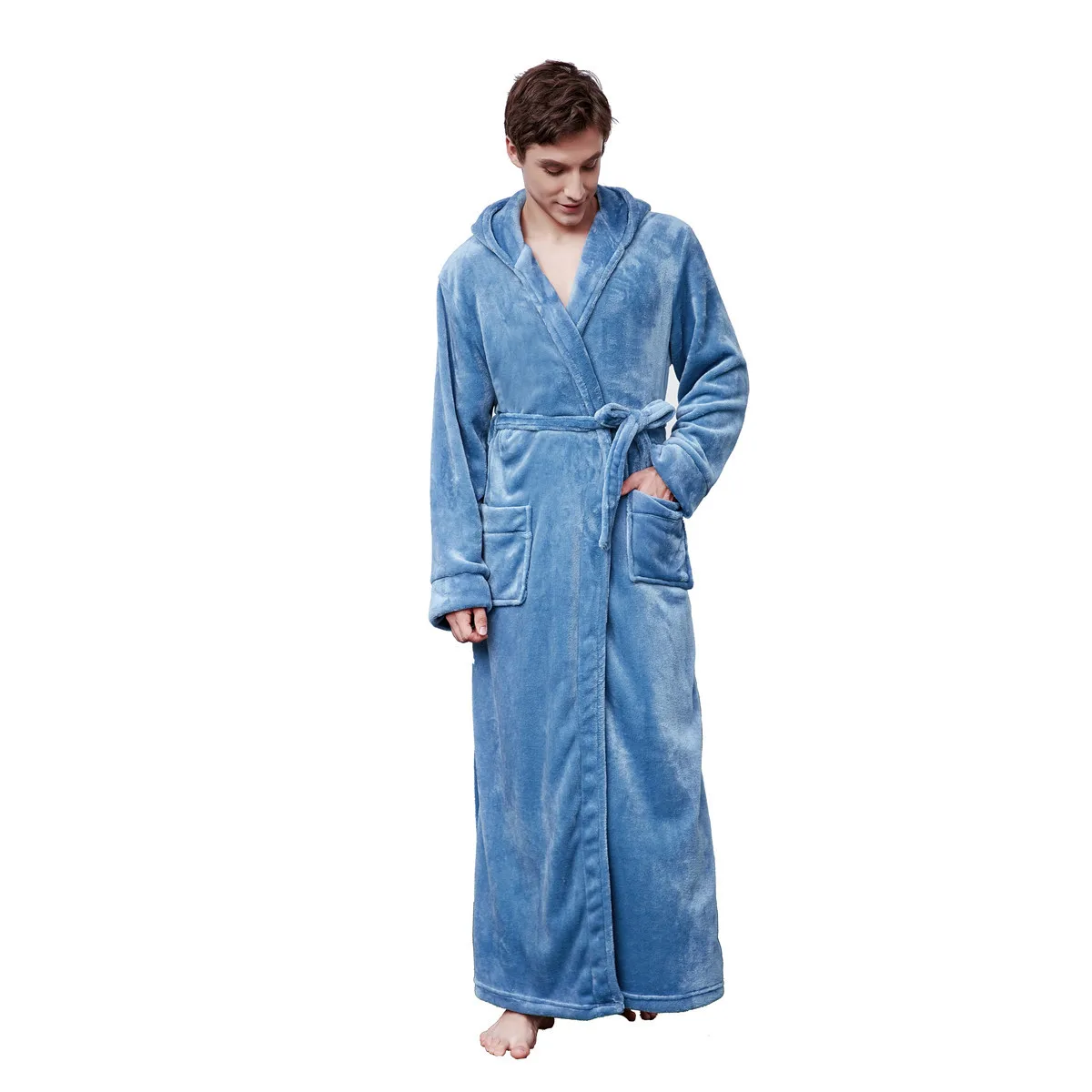Couple Autumn Winter Long Robe Sleepwear Thick Flannel Hooded Bathrobe Nightgown Warm Coral Fleece Nightdress Plus Size Homewear