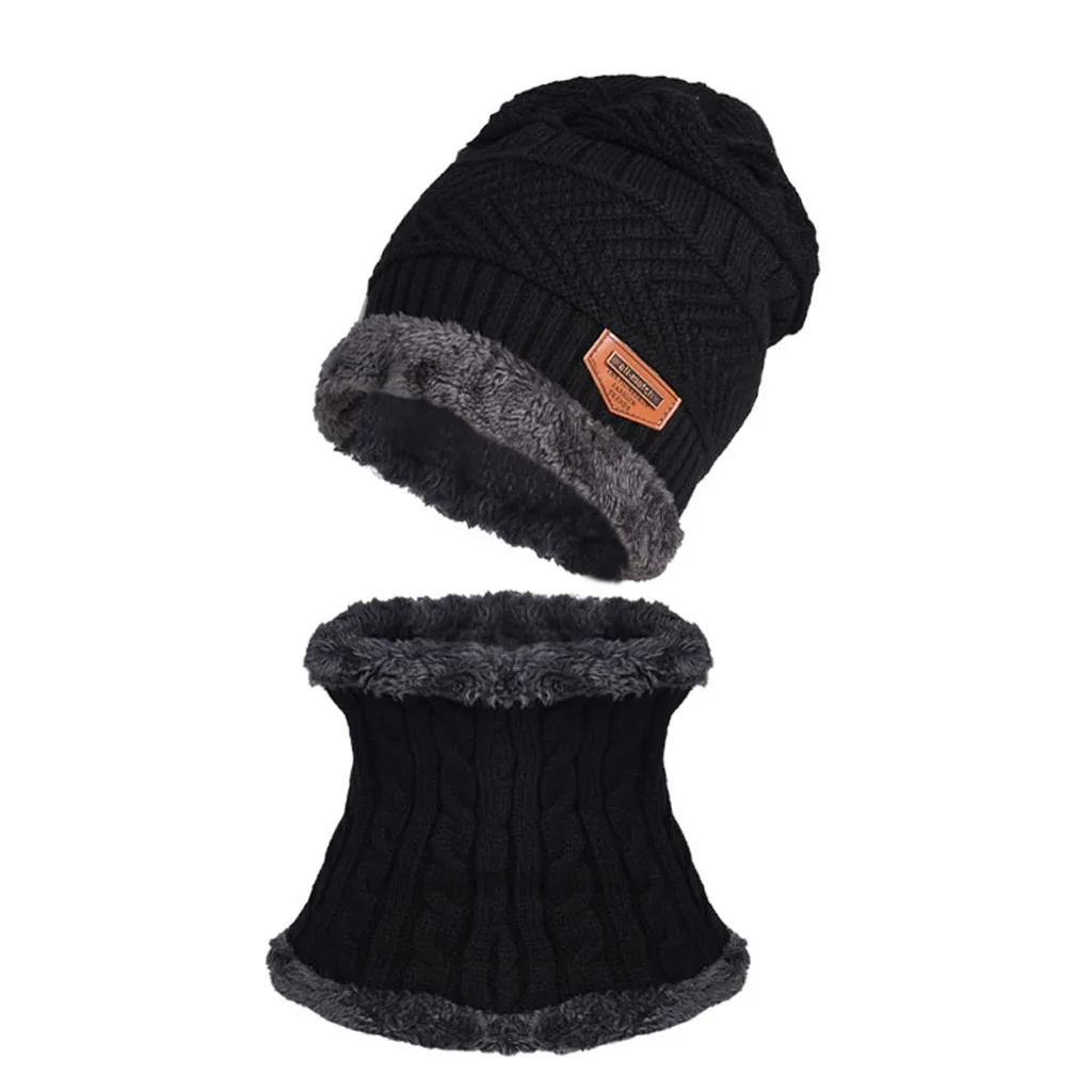 Флисовые контрастные цвета вязаные теплые зимние шапки для детей шапка+ шарф комплект из двух предметов зимняя теплая шапка для младенца для мальчиков Czapka Zimowa - Цвет: Black