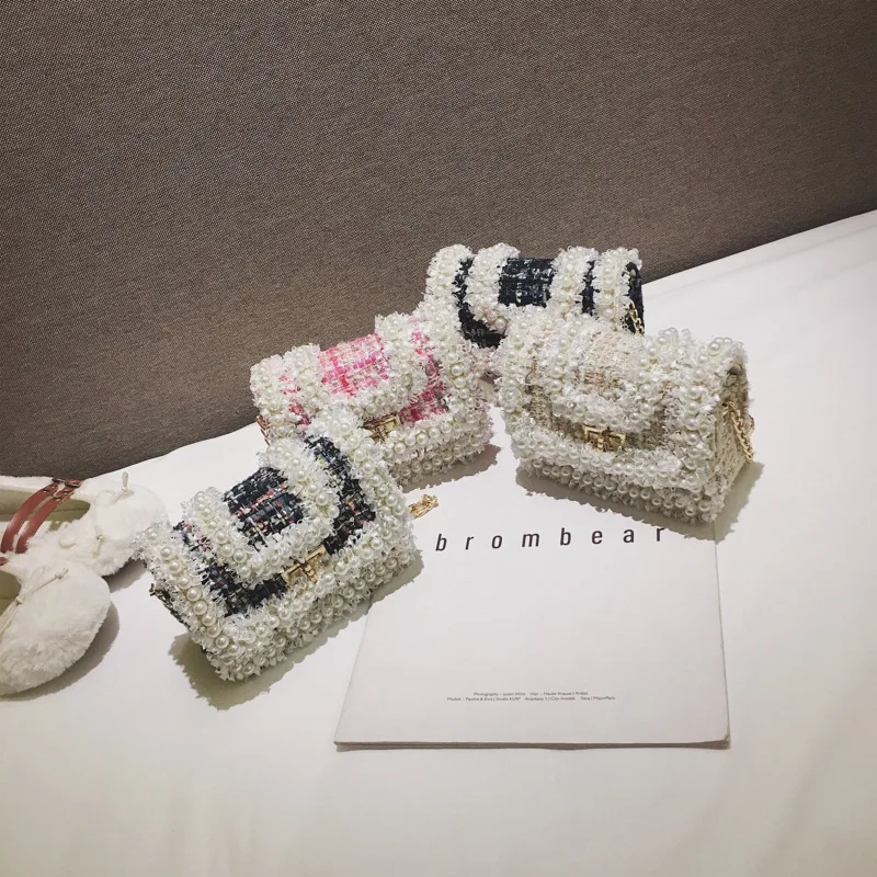 

2019 New Style Cute CHILDREN'S Bag Woolen Cloth Fabric Lock Pearl Small Fragrant Shoulder Bag Decoration GIRL'S gong zhu bao