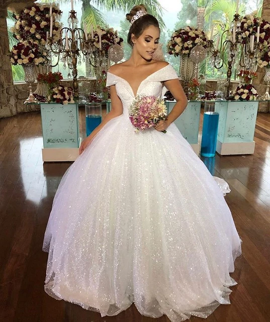 Vestido de noiva da princesa vestido de baile brilhante glitter tule fora  do ombro vestidos de noiva em camadas robe de mariage - AliExpress