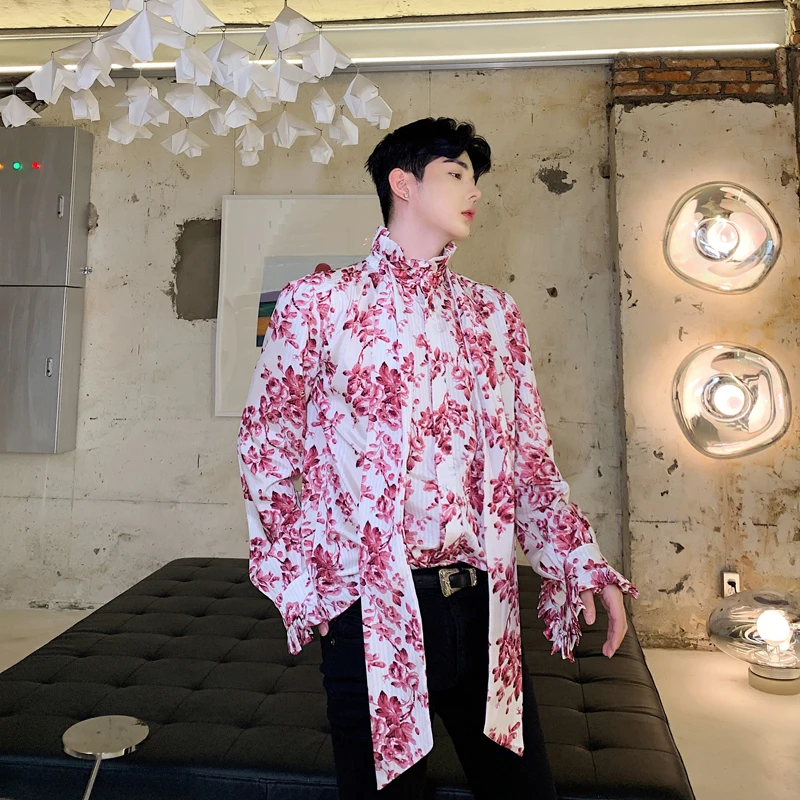

MIXCUBIC 2019 Autumn Korean style retro palace Exquisite bow tie shirts men casual loose flower printed shirts M-XL