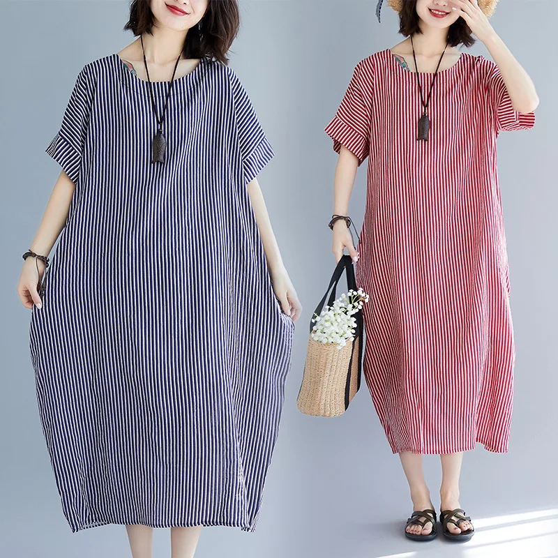 

Photo Shoot Large Size Dress 200 of Fat Mm Slimming Summer Wear Loose-Fit Striped Dress