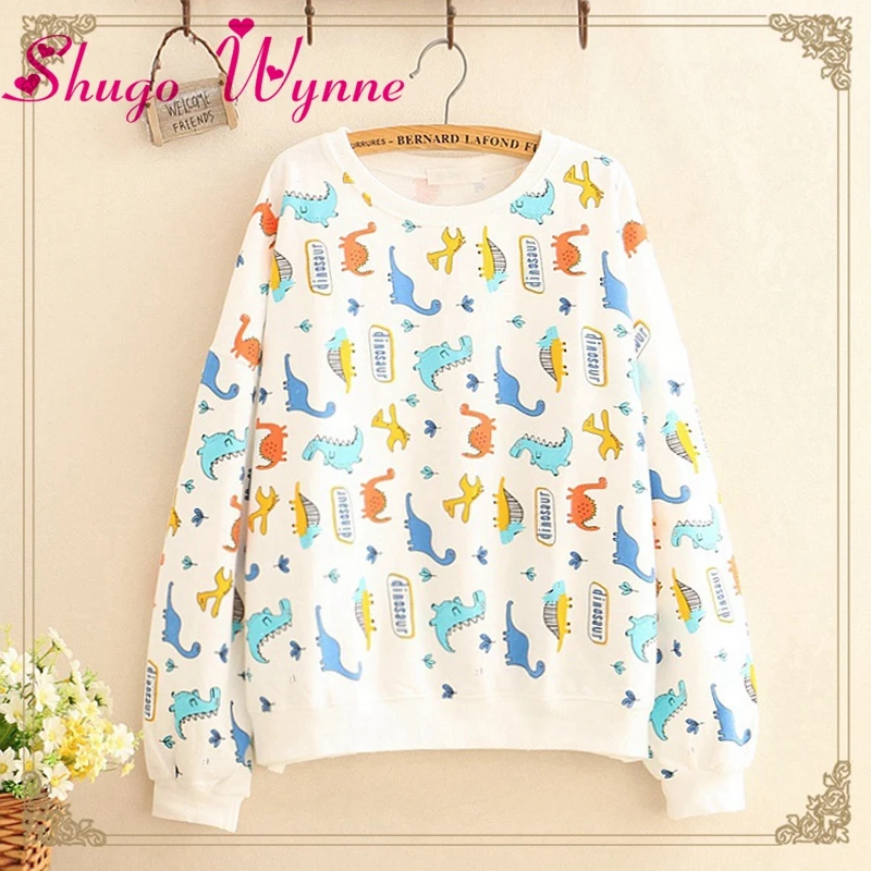 

Japanese Style Mori Girl Cute Cartoon Dinosaur Printed Loose O-neck Long Sleeve Cotton Casual Sweatshirt Pullover Tops
