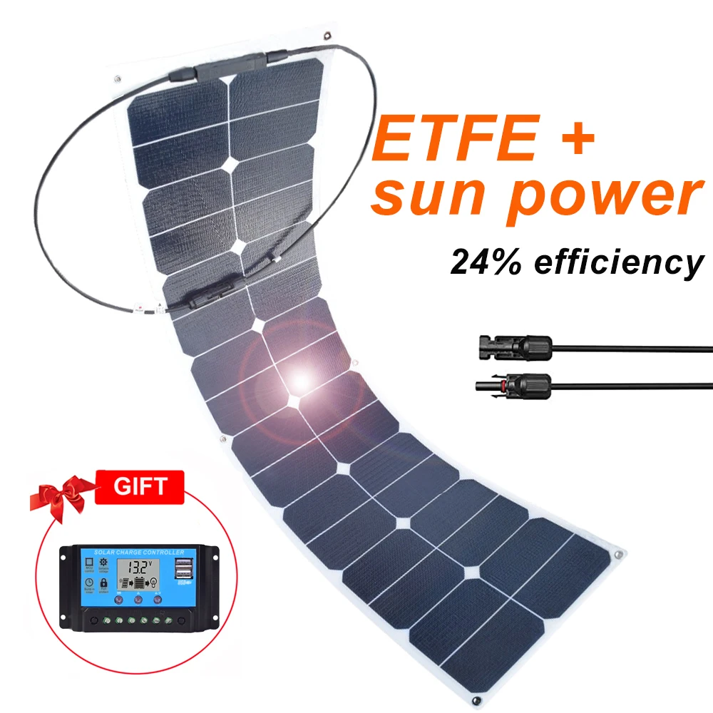 

ETFE sun power solar panel 12v 50w flexible soalr charger for battery car boat RV caravan with 10A controller 5v usb for phone