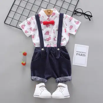

Kids Boys Tie Fruit Printed Short Sleeves Shirt Tops+Solid Overalls Set Boys Gentleman Clothes Set Baby Boys Clothes RL2