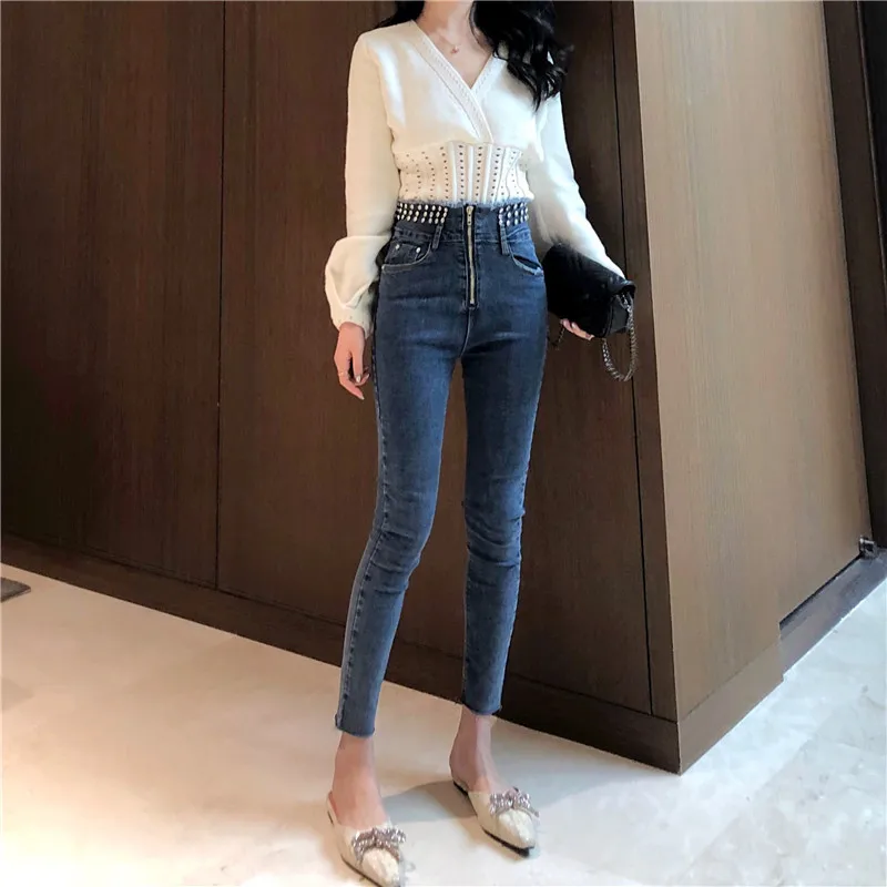 

Photo Shoot WOMEN'S Dress Spring Lantern Sleeve Waist Hugging V Neck Sweater + Diamond Set Skinny Jeans Set