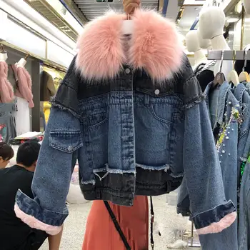 

Short Denim Coat Patchwork Women Winter Thick Loose Cotton-Padded Jacket Faux Fur Collar Single-Breasted Warm Coat
