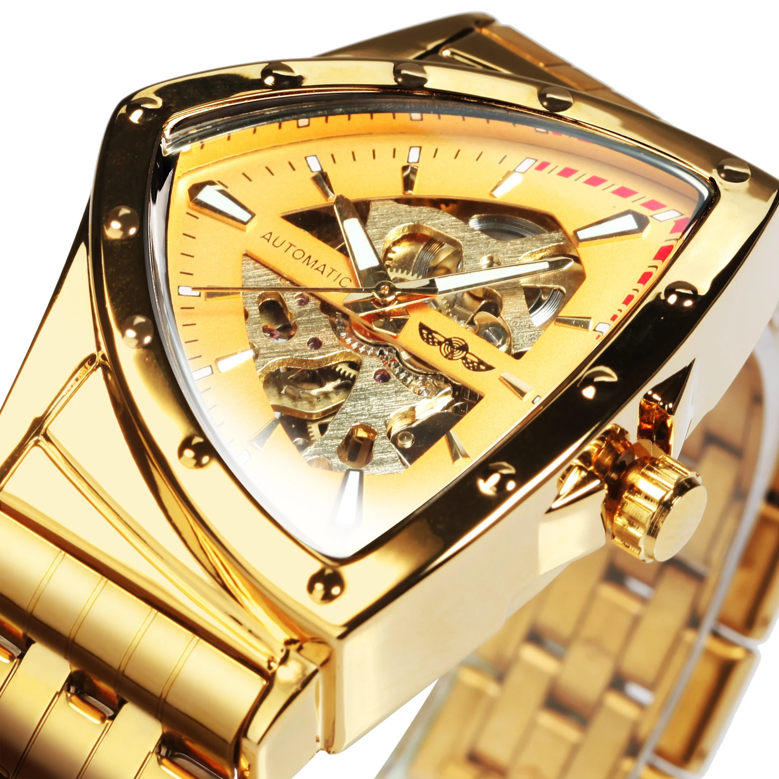 WINNER Triangle Skeleton Gold Black Watch for Men Automatic Mechanical Wristwatch Irregular Luxury Stainless Steel Strap relogio 