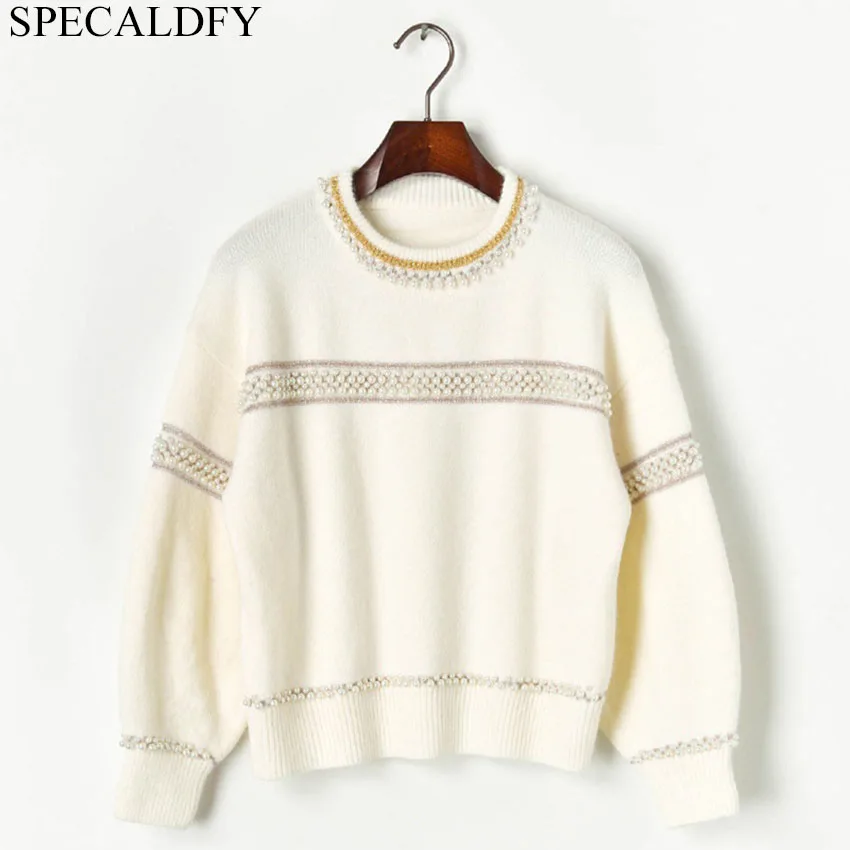 

2019 Winter Clothes Women Long Sleeve Beading Pearl Knitted Sweater Female Runway Brand Sweaters And Pullovers Jersey Mujer