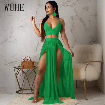 

WUHE Summer Chiffon Two Piece Long Dress Women Elegant 2 Piece Set High Split Maxi Dress Sexy Sleeveless Beach Party Outfit