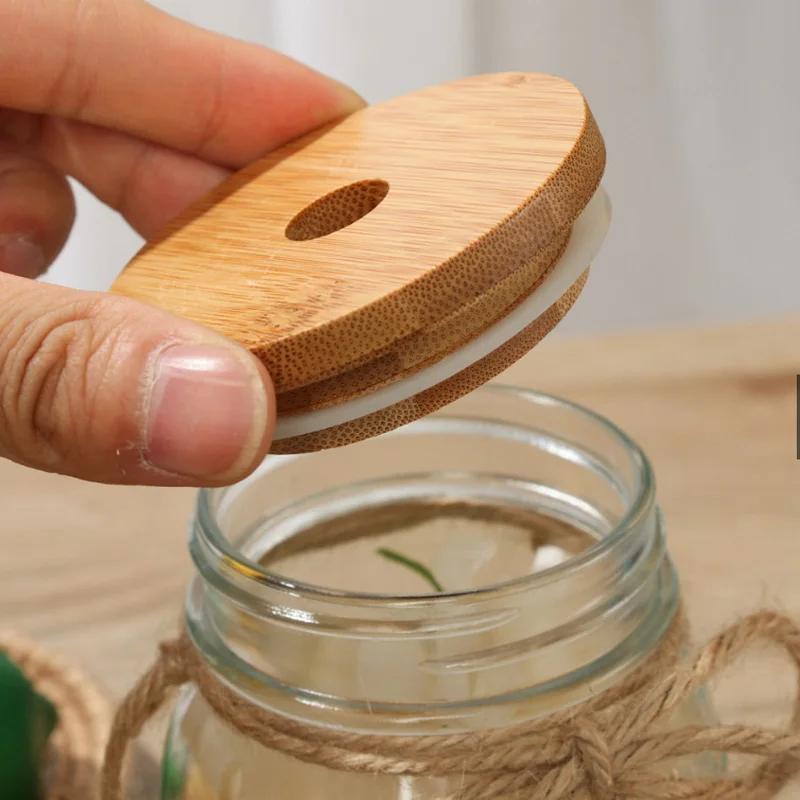 50 PCS Reusable Bamboo Caps Lids With Straw Hole For Mason Jars Drinking Jars Lid 70 MM And 86 MM