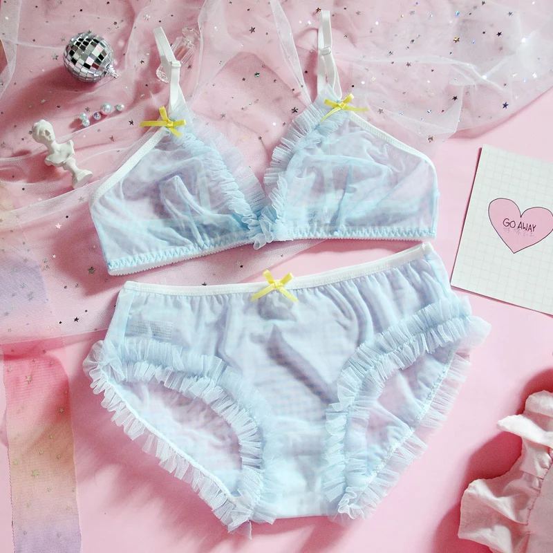 

Sexy Cute Japanese Style Blue Plaid Bra & Panties Set Wirefree Soft Underwear Sleep Intimates Set Lace Net Yarn Sweet Lolita