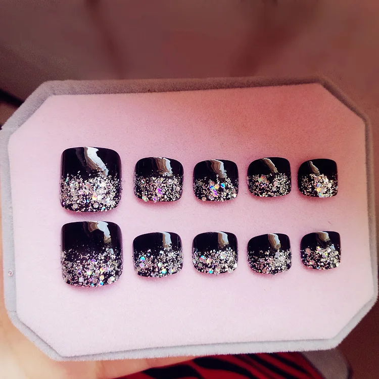 

24pcs Colorful Big Sequins On Black Fake Toenail Tablets Stickers Square False Summer DIY Nail With Glue Patch Nails Art Tools