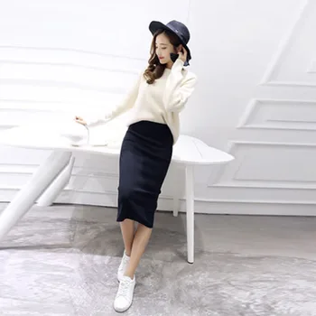 

Women Solid Casual Pencil Skirt Sexy Cotton Elastic Rib Knit Bag Hip Split Midi Split Skirt