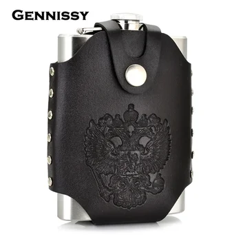 

GENNISSY Russian Emblem Pattern 8 OZ Stainless Steel Flagon Removable Brown Holster Buckle Hip Flask Men Portable Whiskey Flasks