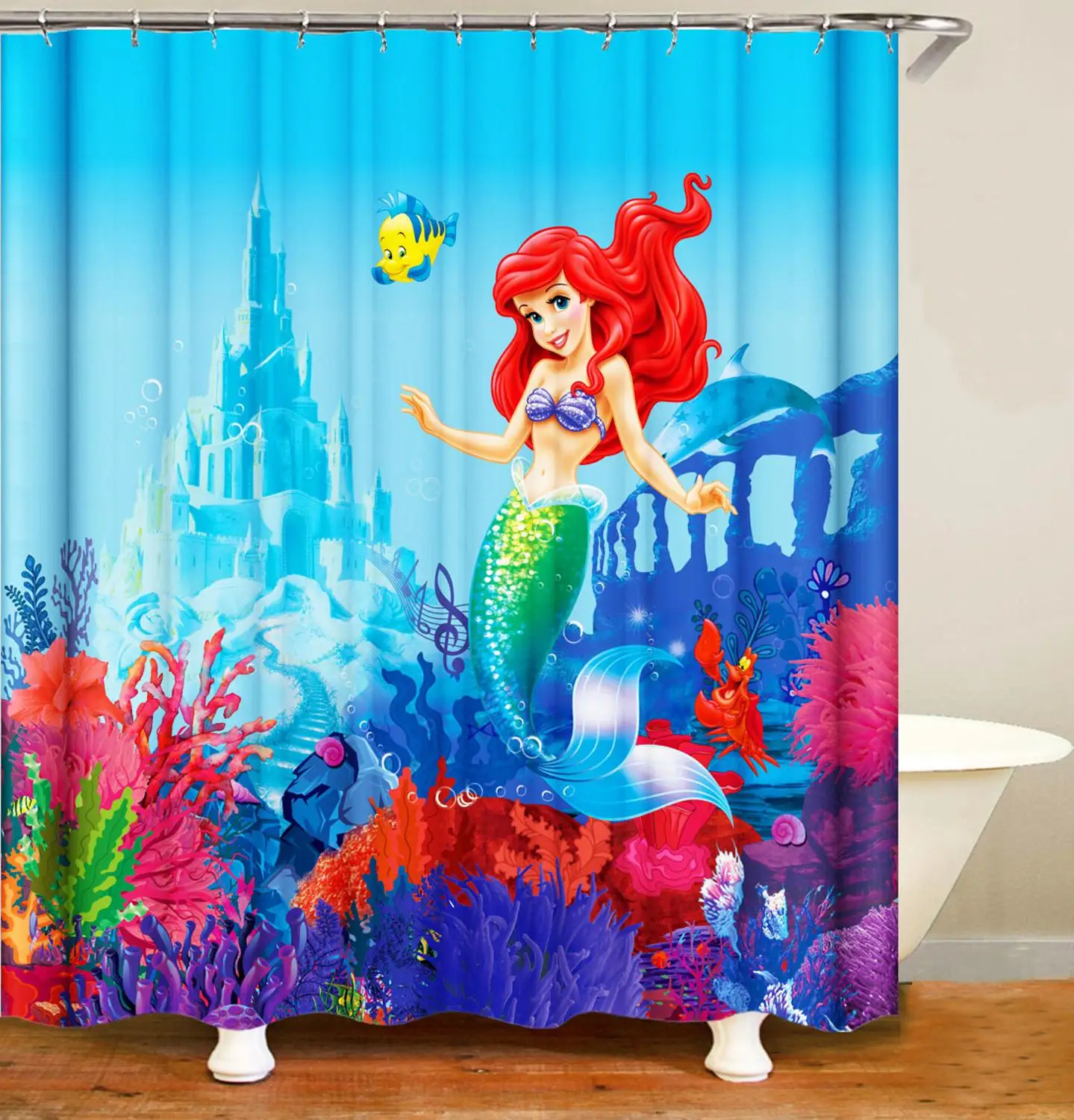 

3D Kids Mermaid Shower Curtain Fish Scale Mermaid Geometric Tail Lilac Purple Pink Blue Ocean Theme Dream Fantasy Bathroom
