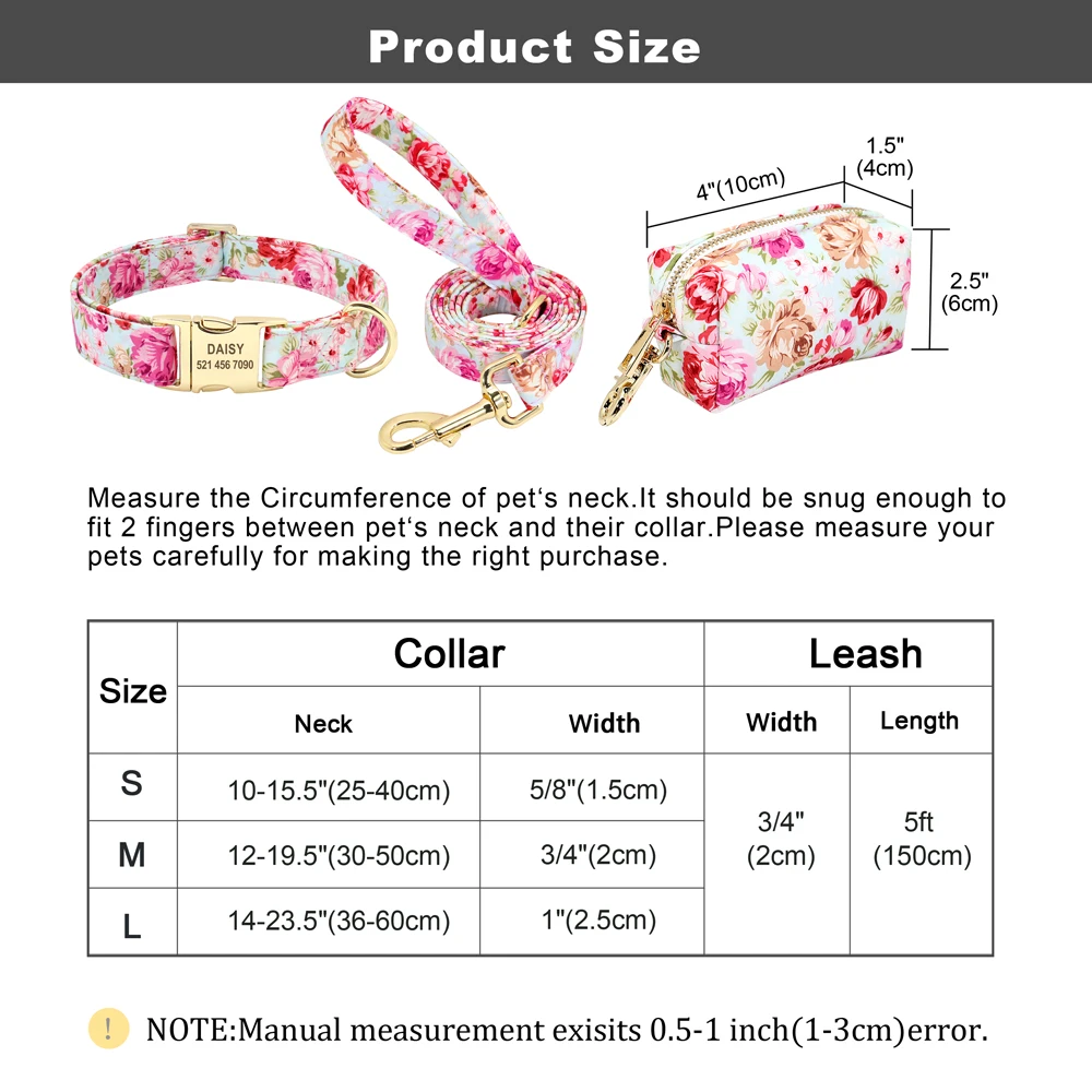 Flower Dog Collar Leash Set Custom Small Medium Large Dog Pet Collars Floral Print Nylon Dog