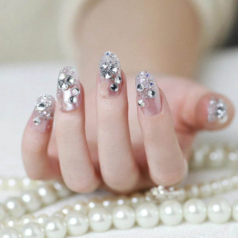 24Pcs Wedding Rhinestone False Nails Square Full Short Fake Nails Bride