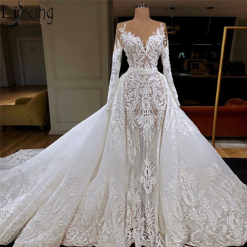 Elegant Lace Mermaid Wedding Dress Detachable Train Wedding Ball Gowns Plus2-26W 
