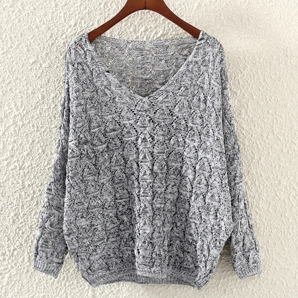 Women Sweater 2019 Fashion Autumn Winter Hollow Out Bat Casual Long Sleeve Loose V Collar Pullover Soft Warm #45 | Женская одежда