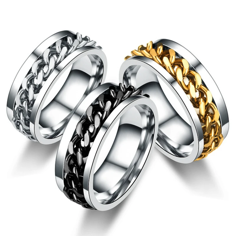 

2019 New Simple Luckly Jewelry Men Titanium Steel Rotating Chain Ring Personality Domineering Ring for Party Accesories